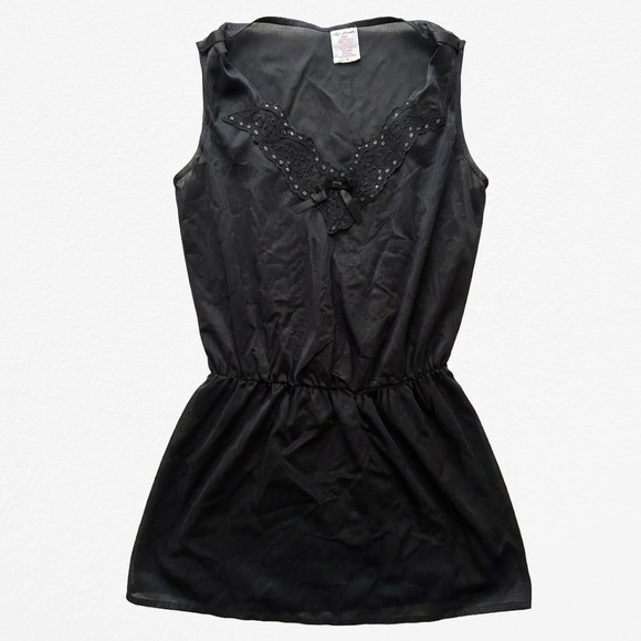 Petra Fashions Other - Petra Fashions Vintage Black Nylon Nightgown Lace Trim Elastic Waist Medium